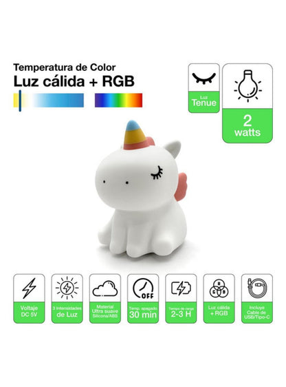 Lámpara Nocturna Espantacuco Recarg Led Unicornio Cálida+rgb - Te Importa