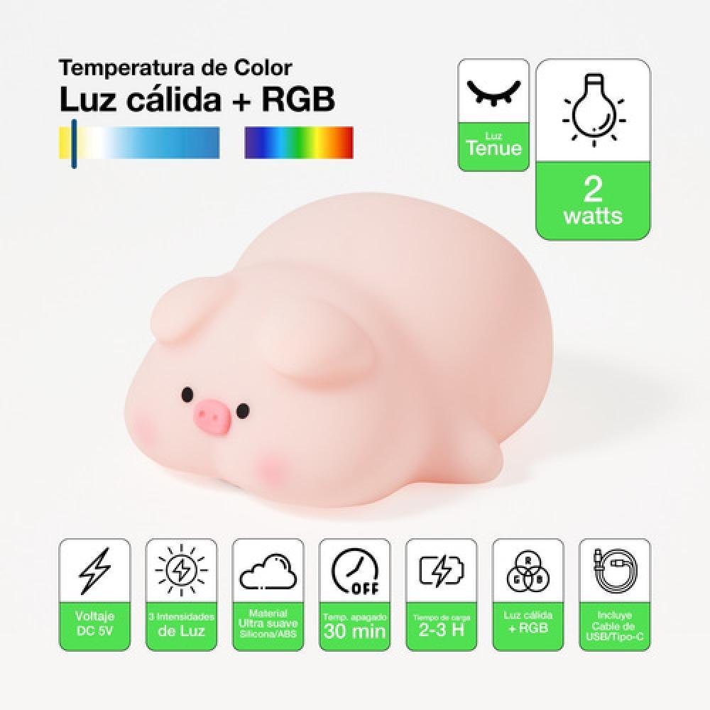 Lámpara Nocturna Espantacuco Recargable Led Pig Cálida+rgb - Te Importa