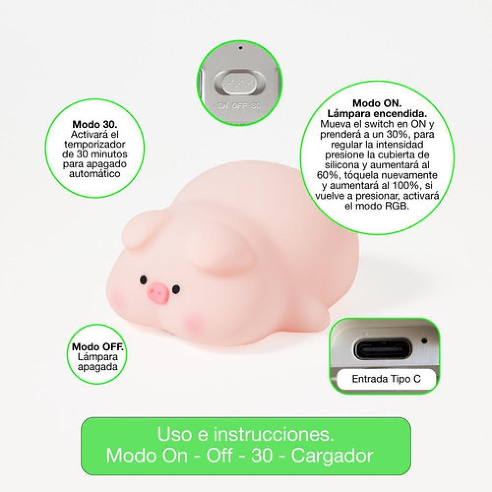 Lámpara Nocturna Espantacuco Recargable Led Pig Cálida+rgb - Te Importa